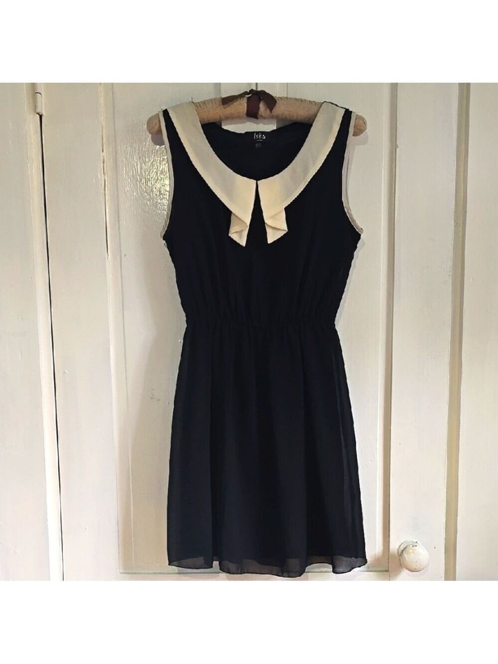 ISKA London Contrast Peter Pan Collar Sleevelss Chiffon Black Dress UK 12